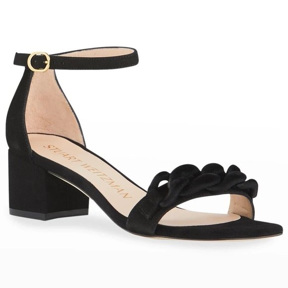 $500 STUART WEITZMAN Amelina Chain Suede Block NUDIST Sandals BLACK 7 (PB15)